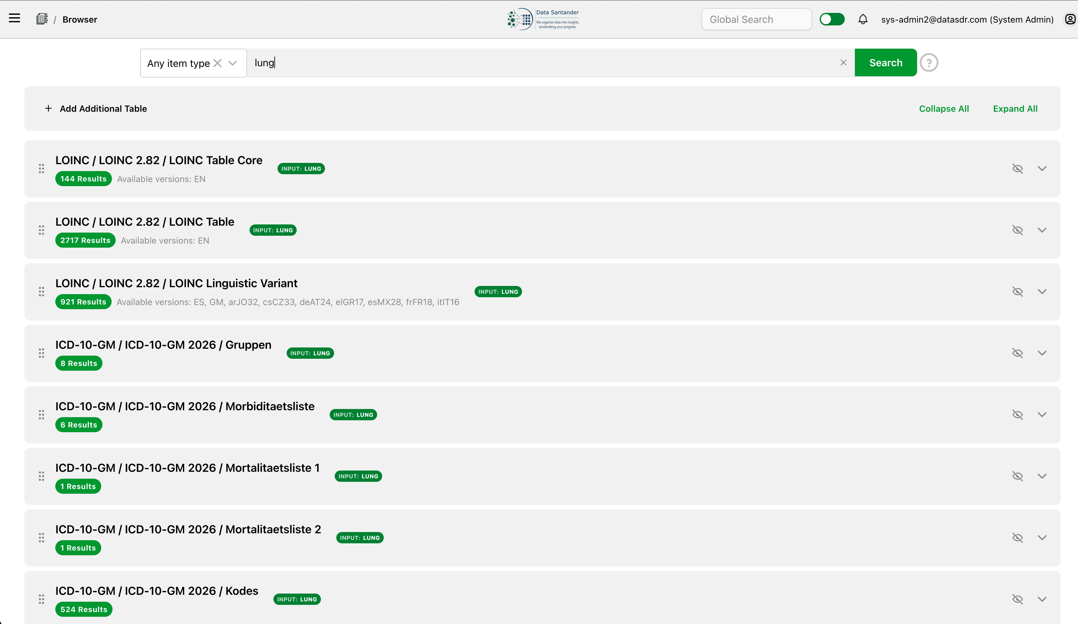 English LOINC search results for lung-related terminology